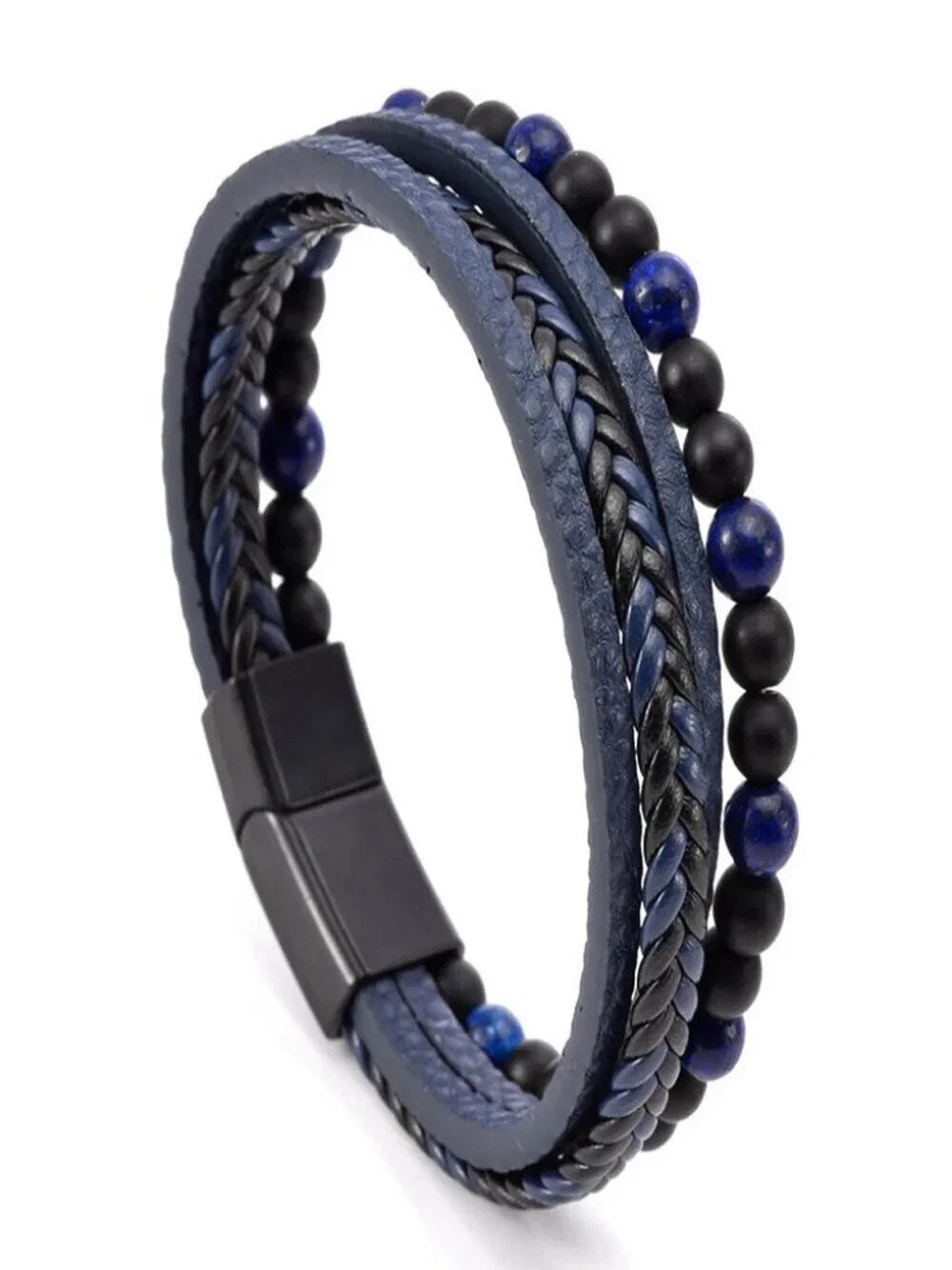 Men's Layered Braided Leather Beaded Bracelet With Tiger Eye Natural Stone - Picture 3 of 10